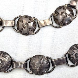 VINTAGE ~ AUTHENTIC CONCHO BELT ~ TEPEES & SUNBURSTS ~ 44.5" ~ OLD PAWN SILVER